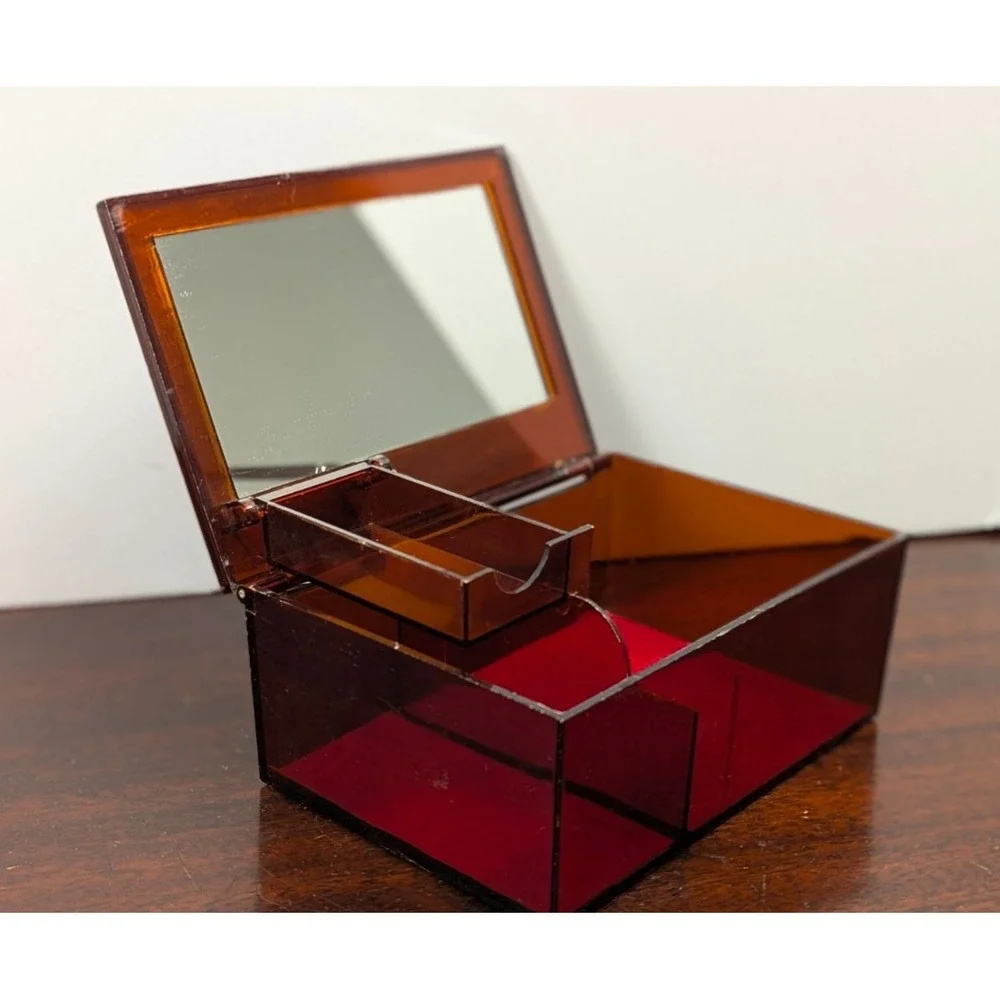 Vintage Floral Amber Acrylic Jewelry Box Mirrored Lid Lucite Style Trinket Box